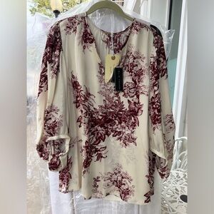 Elie Tahari Cream Blouse with Burgundy Floral Print